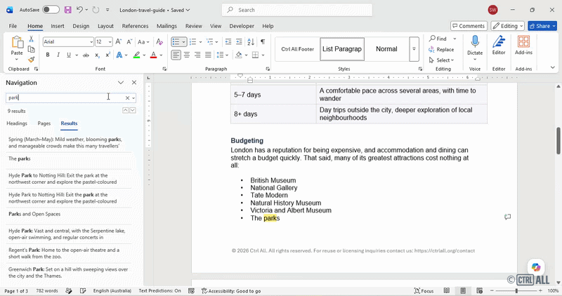 Arrow buttons to cycle through search results on navigation pane in Word